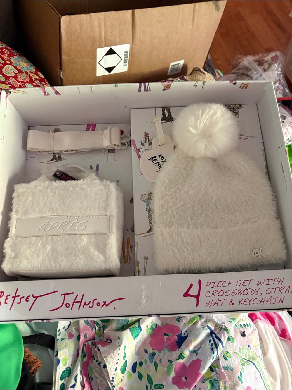 Betsey Johnson White Fuzzy Pom-Pom Hat & Crossbody Bag Set